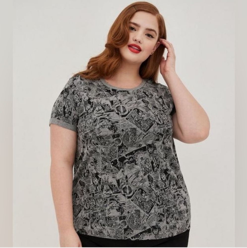 Torrid Black and Gray Marvel Comic Fitted Short Sleeve T-Shirt